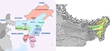 Two maps with a political map of the northeast of india on the left with a topographical map of the same region on the right