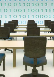 Rows of empty classroom chairs with binary pattern of 1s and 0s on the chalkboard