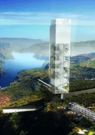 Drawing of skyscraper on the edge of a canyon